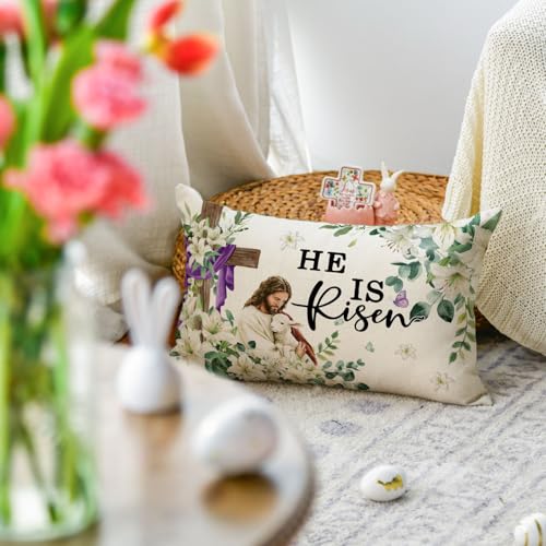 Easter Cross Throw Pillow Cover - 12x20 Inch Jesus Lamb Design