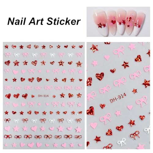 Abxqa 10 Sheets Valentine Nail Art Stickers 3D Self Adhesive Heart Bow Decals
