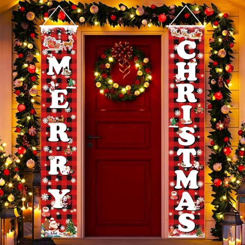 Outdoor Christmas Yard Sign Set with Buffalo Plaid Door Banner - Red