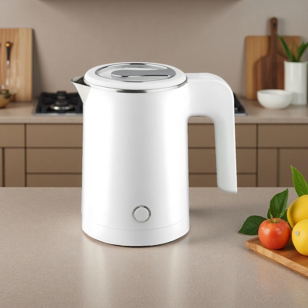 Small Electric Kettles Stainless Steel for Boiling Water, 0.6L Travel Mini Hot Water Boiler Heater, Double Wall Cool Touch Portable Kettle (White)