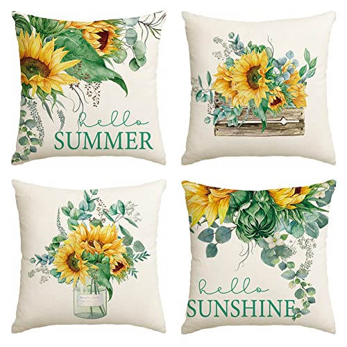 AVOIN Watercolor Sunflower Throw Pillow Covers, 18x18 Inch, Set of 4