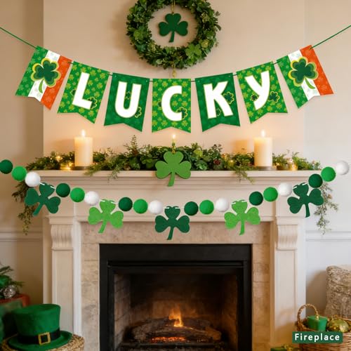St. Patrick's Day Banner Decorations 2 Pack - LUCKY Banner and Shamrock Pom Pom Garland