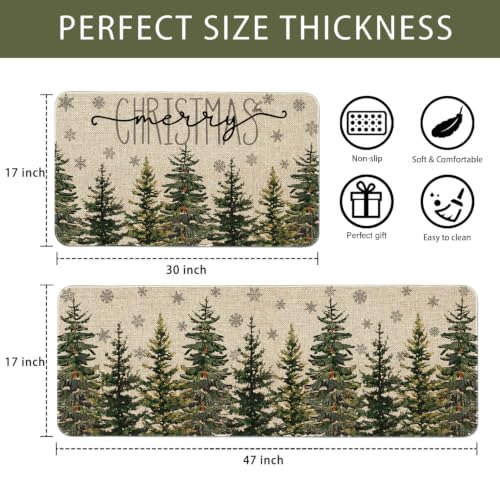 Christmas Kitchen Mats Set of 2 Non Slip Washable Pine Tree Christmas Rugs - Indoor Holiday Decor