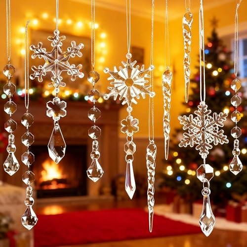 Acrylic Christmas Ornaments Set of 10 - Snowflake & Icicle Decor