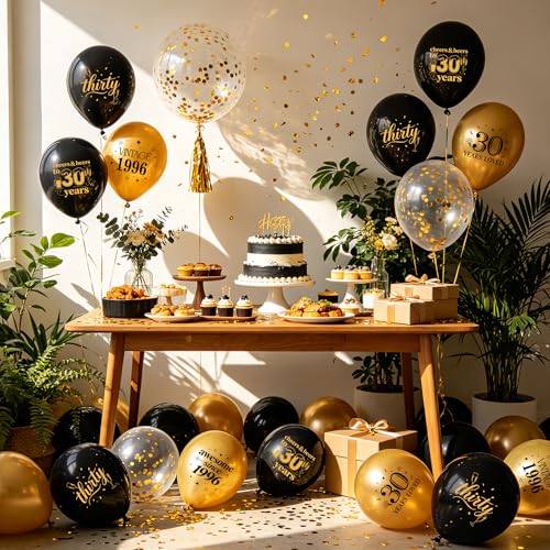 30th Birthday Balloons Set - 34Pcs Black and Gold Latex