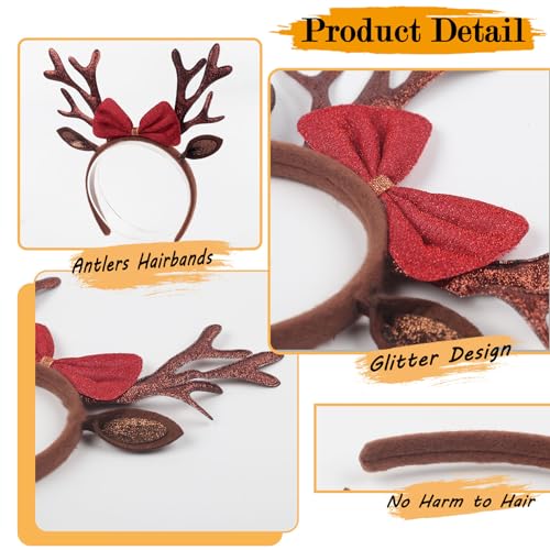 Ecuupas Brown Glitter Antlers Christmas Headband with Red Bow