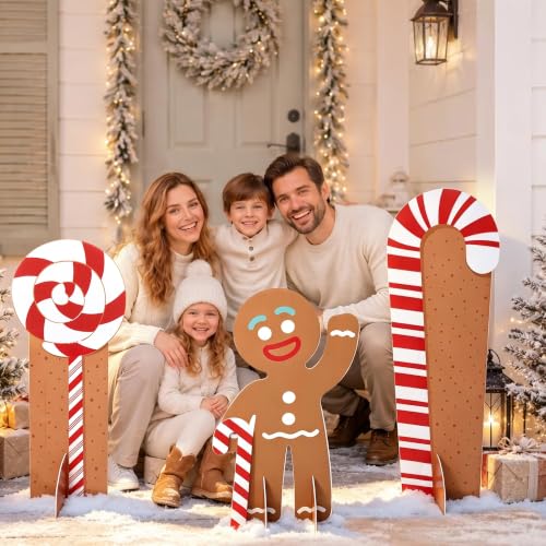 Gingerbread Man Candy Cane Lollipop Cardboard Cutouts - Holiday Decor Set