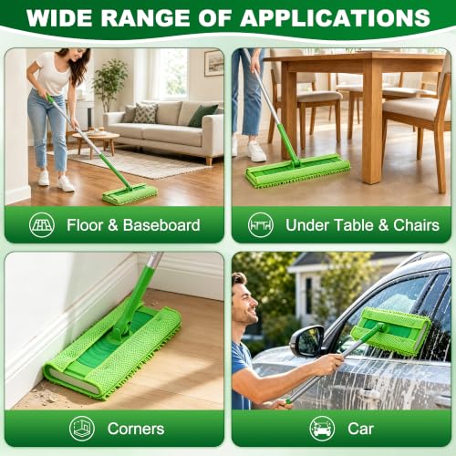 Green Microfiber Mop Pads for Swiffer Sweeper - 1 Base & 10 Reusable Refills