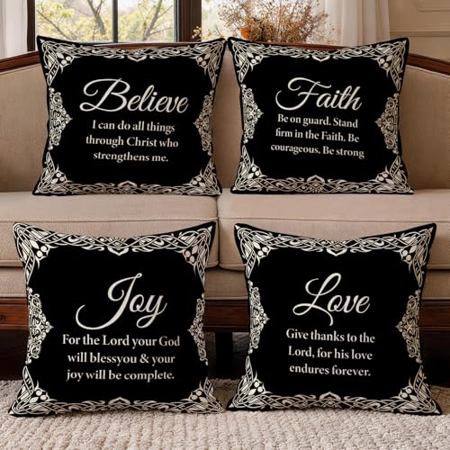 Black & White Bible Verse Throw Pillow Covers 18x18 in Set of 4