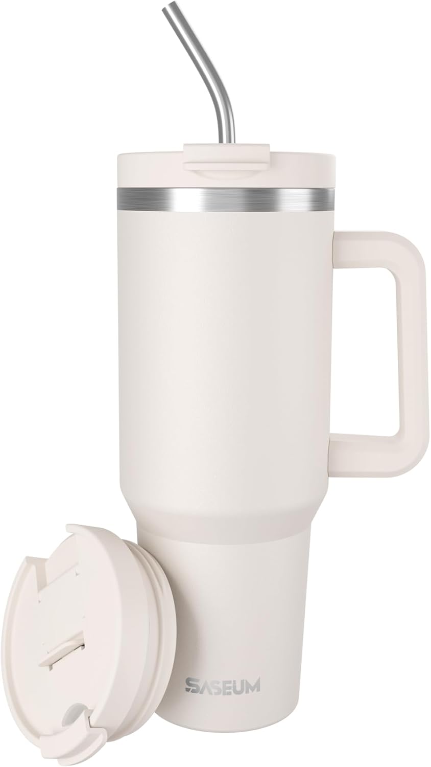 SASEUM 40 oz Insulated Tumbler - Double Wall Stainless Steel with Handle & Lid | BPA-Free, White