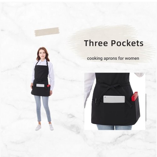 Corfully Short Cotton Aprons for Women with 3 Pockets, Chef Apron for Unisex,Waitress Apron for Kitchen Cooking Restaurant BBQ, Black