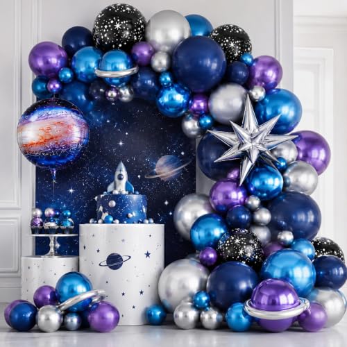 Galaxy Space Balloons Set - 35pcs Navy Blue Purple Silver Metallic Party Decorations