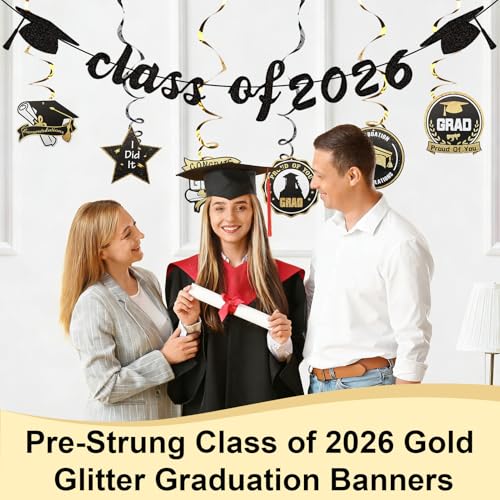 Congrats Grad 2026 Cake Topper Set - Black Glitter Graduation Decor
