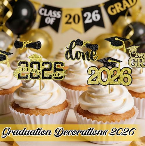 Graduation Cupcake Toppers 2026 - 36 Pcs Black & Gold Decor