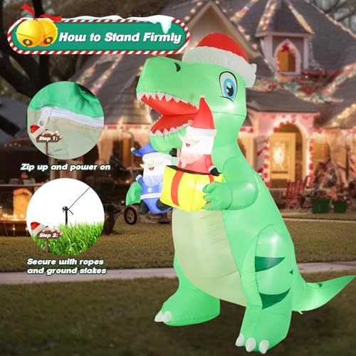 Inflatable Christmas Dinosaur with Santa Claus - 8 FT Outdoor Holiday Decor