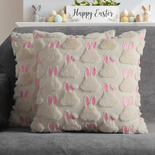 4TH Emotion Easter Rabbit Throw Pillow Covers, 18x18 Faux Fur Beige Set of 2