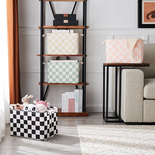 Sage Green Checkered Canvas Storage Basket - 15" x 10" x 10"