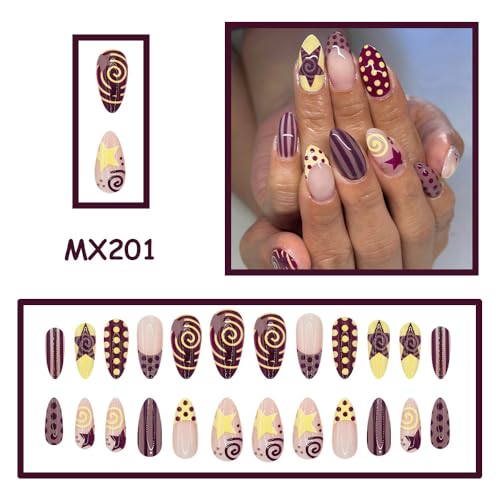 ZIFANHU Medium Almond Press on Nails Purple Brown French False Nail Kit