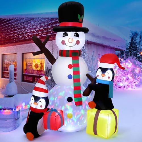 7ft Inflatable Christmas Yard Decor Snowman Penguin with Rotating LED Lights - Smiling Snowman Variant