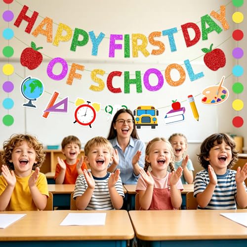 FINDRICH 4PCS Pre-Strung Happy First Day of School Banner Red Classroom Decorations