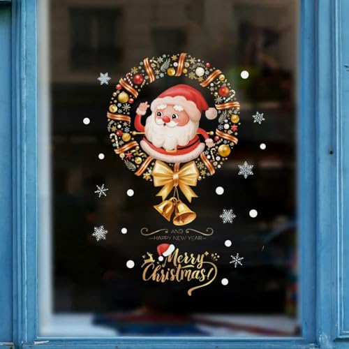 Merry Christmas Window Sticker Decals - Santa Claus & Snowflakes