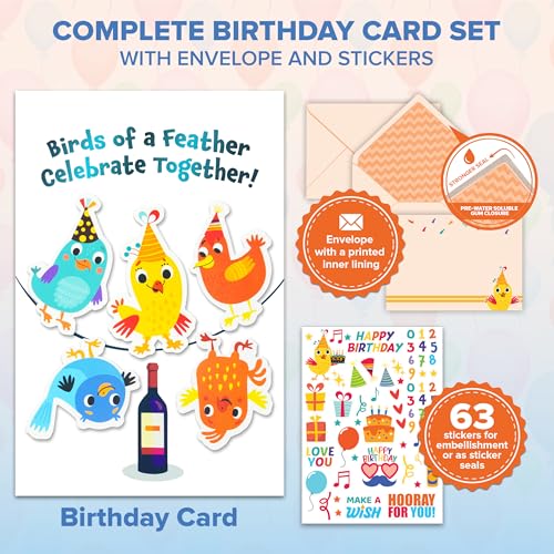Humorous Bird Birthday Card Set - 5x7in Blue Foil Design