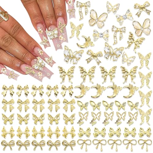 BELICEY 72Pcs Gold Bow and Butterfly Nail Charms 3D Alloy Rhinestones