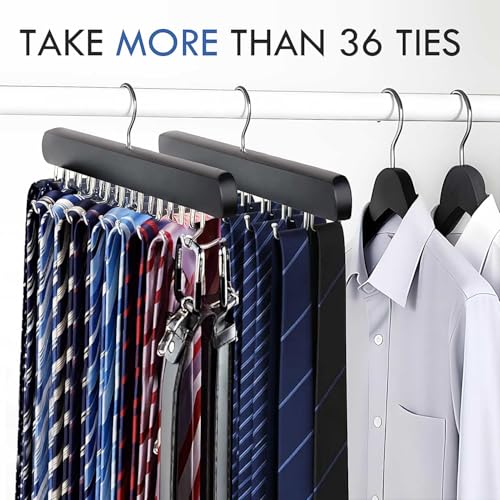 2-Pack Wooden Tie Rack Hanger - 36-Hook Closet Organizer for Ties & Belts
