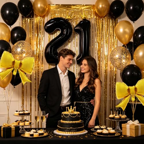 40 Inch Black Crown Number Balloon with Gold Bow for Birthday Decor