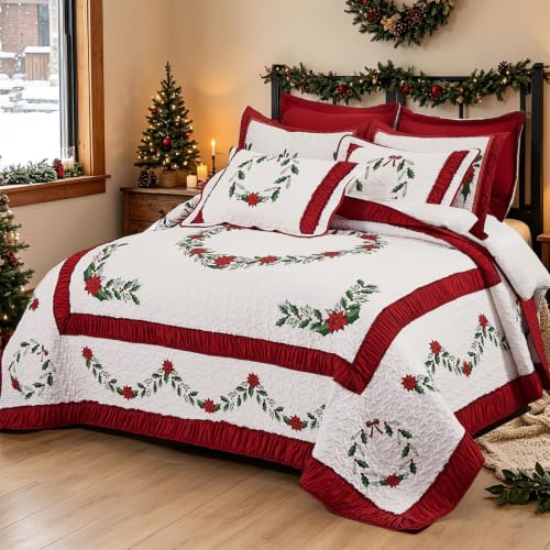 King Size Poinsettia Floral Bedspread Set with 2 Pillow Shams - Reversible Christmas Bedding