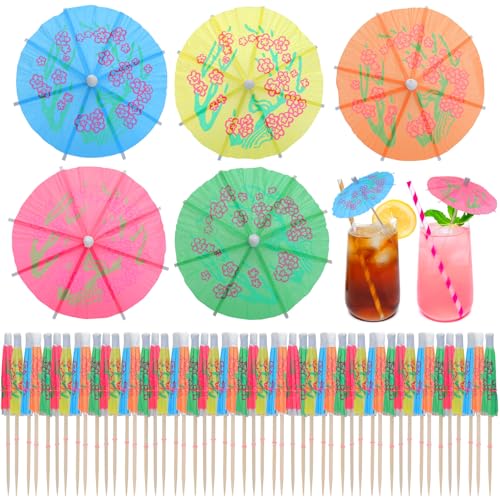 50 Pcs Tropical Cocktail Umbrellas & Toothpicks - 4-inch Mini Paper Drink Picks for Garnishes