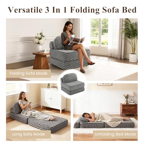MALOL Folding Sofa Bed, 3-in-1 Convertible Sleeper Chairs with Pillow,Back Support, Fuzzy Fabric Floor Couch Bed for Adults, Boneless Couches Living Room, Bedroom, Apartment, Grey