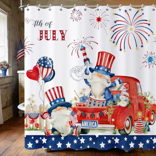 Caheansi 4th of July Gnomes Shower Curtain, Patriotic Red Blue Stars, 72x72 Inches, Pack of 1