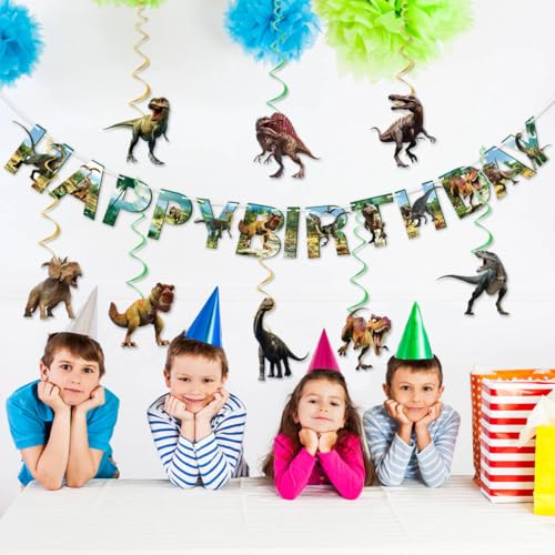 Dinosaur Birthday Decorations Set - Happy Birthday Banner & 8 Swirls