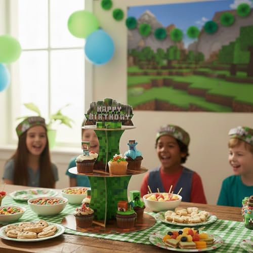 Pixe l Style 3-Tier Cupcake Stand for Gamer & Adventure Party, Kids Birthday Decoration - XCX PIXEL