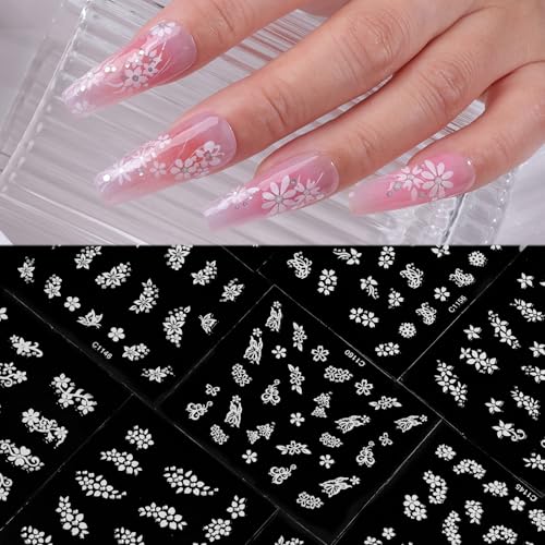 Umillars 30 Sheets White Flower Nail Stickers 3D Self-Adhesive Floral Decals