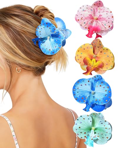 Mesovor Hawaiian Flower Hair Claw Clips 4 Pack - Tropical Orchid Hair Clips