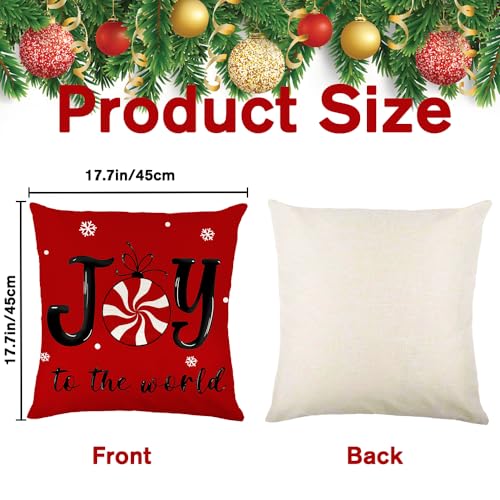 Vellibring Christmas Candy Pillow Covers, 18x18 Set of 4 Red & White Linen