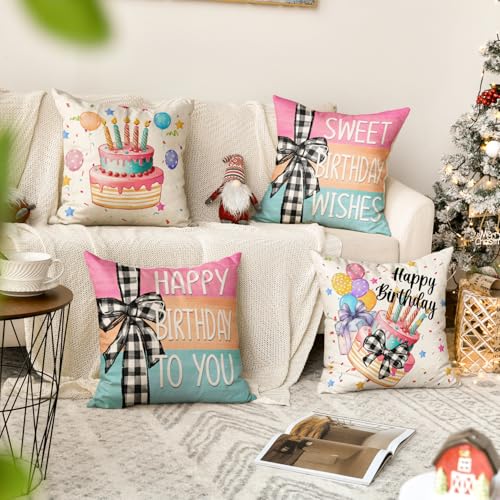 Happy Birthday Throw Pillow Covers Set of 4 - 18x18 Polyester