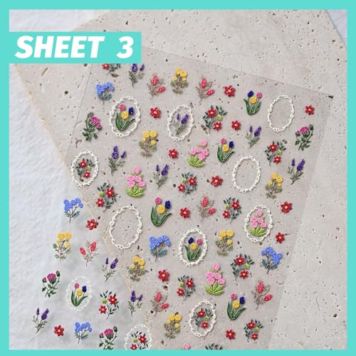 CESTSIREN Floral Nail Art Stickers, Colorful Spring Flower Decals 3 Sheets