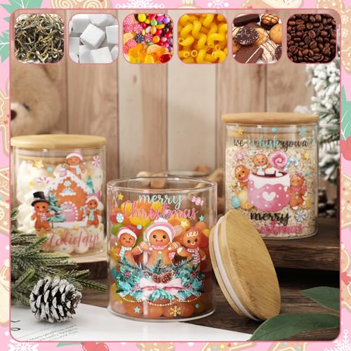 Christmas Glass Storage Jars with Airtight Lids - Pink & Green Gingerbread Canisters Set