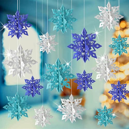 3D Blue Silver Snowflakes Hanging Decorations - 15pcs Christmas Ornaments