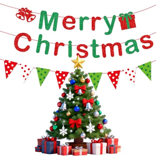 Christmas Banner with Glitter Letters - Red, Green, White Holiday Decor for Classroom & Party