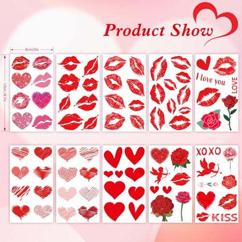 Konsait Valentine's Day Temporary Tattoos, 10 Sheets Heart Rose Fake Tattoos