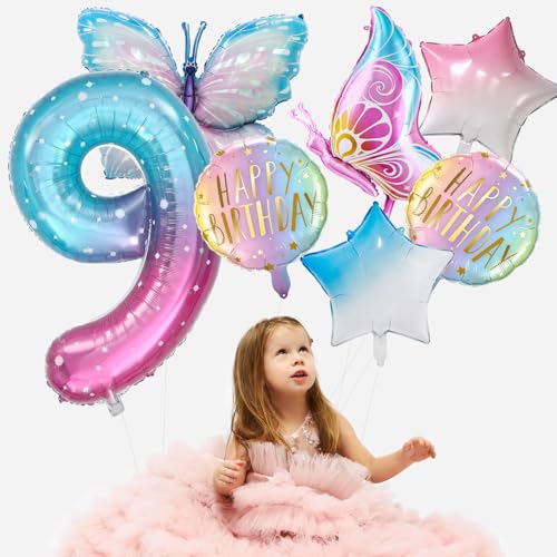 Zlongron Butterfly Balloon Set for 9th Birthday Party - 40 Inch