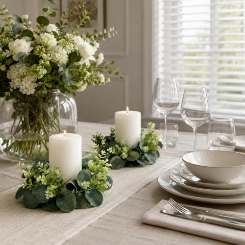 2 Pack Artificial Eucalyptus Candle Rings for Pillar Candles, 9-Inch Greenery
