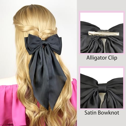 Satin Hair Bow Clips 2 Pack Long Tail Ribbon Barrettes for Women
