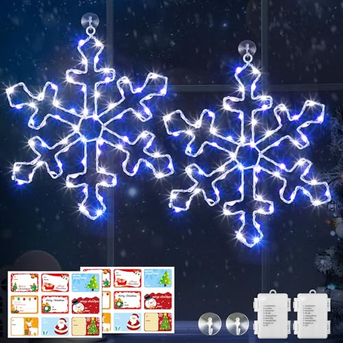 Snowflake Christmas Window Lights 12 Inch Blue White LED String Lights - 8 Modes Battery Powered Set with Suction Hooks