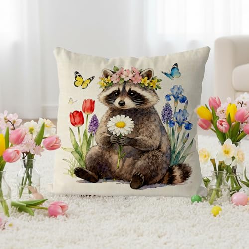 GAGEC Raccoon Pillow Cover 18x18 Inch Spring Decor