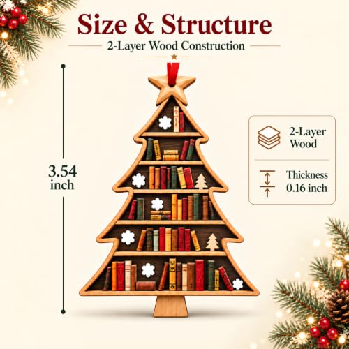 Book Lovers Christmas Tree Ornament - Wooden Book Stack with Snowflakes - Book Tree 1